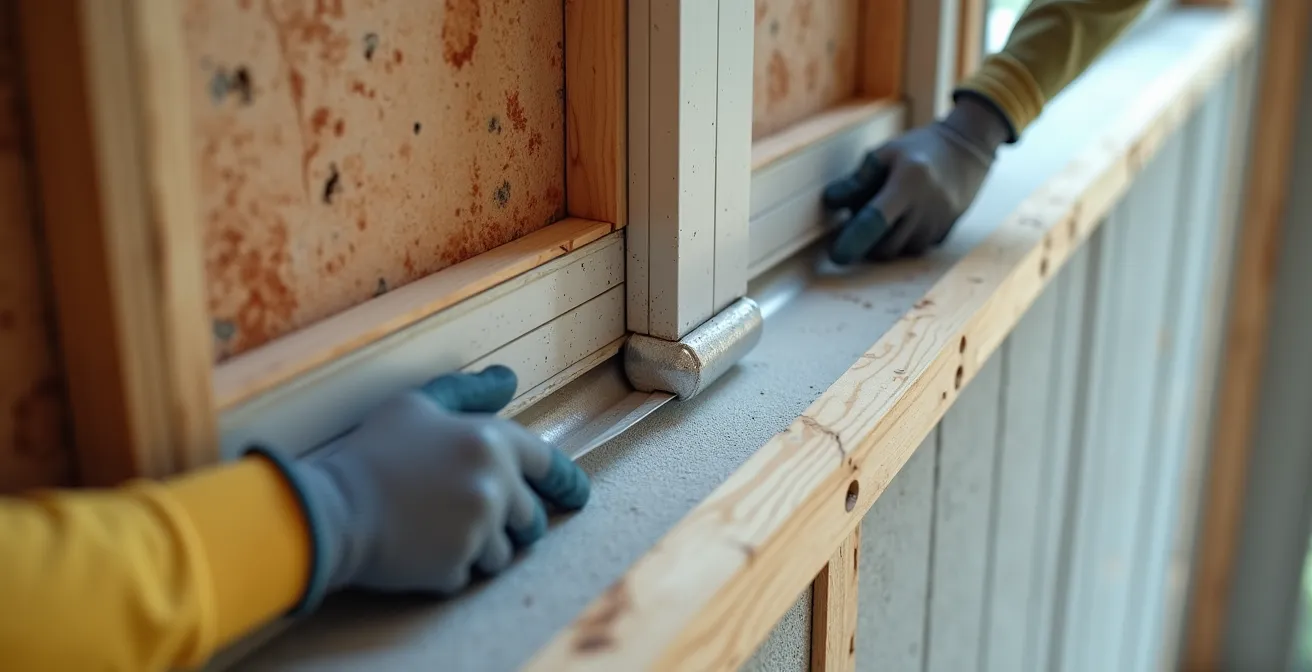 Vue rapprochée macro d'une jonction entre fenêtre et pare-vapeur montrant les détails techniques d'installation