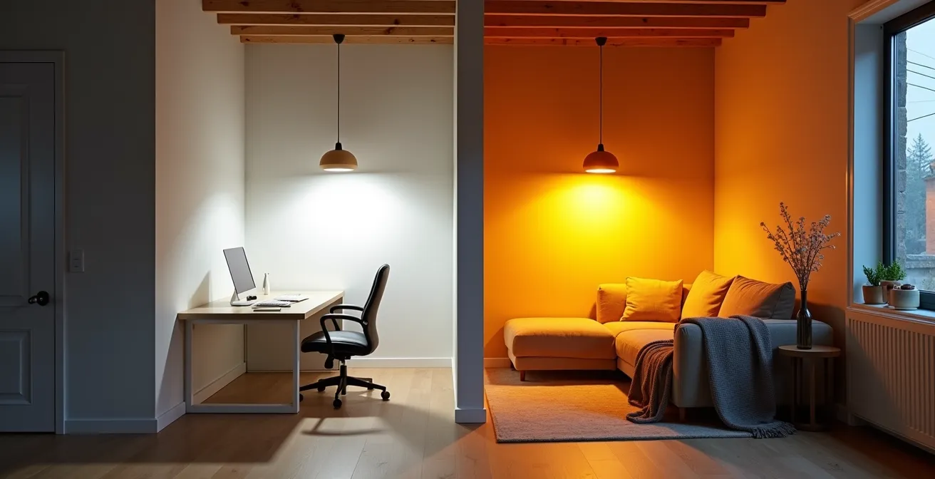 Espace de vie ouvert avec zones délimitées par différentes températures de lumière