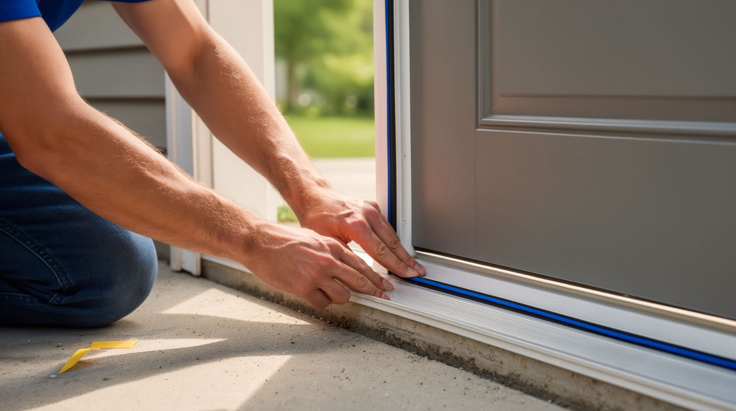 Gros plan mains d'installateur professionnel appliquant cordon de calfeutrage sur cadrage neuf de porte d'entrée avec outils certifiés en arrière-plan