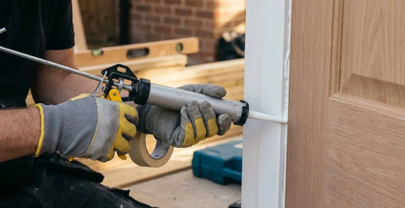Gros plan mains d'installateur professionnel appliquant cordon de calfeutrage sur cadrage neuf de porte d'entrée avec outils certifiés en arrière-plan
