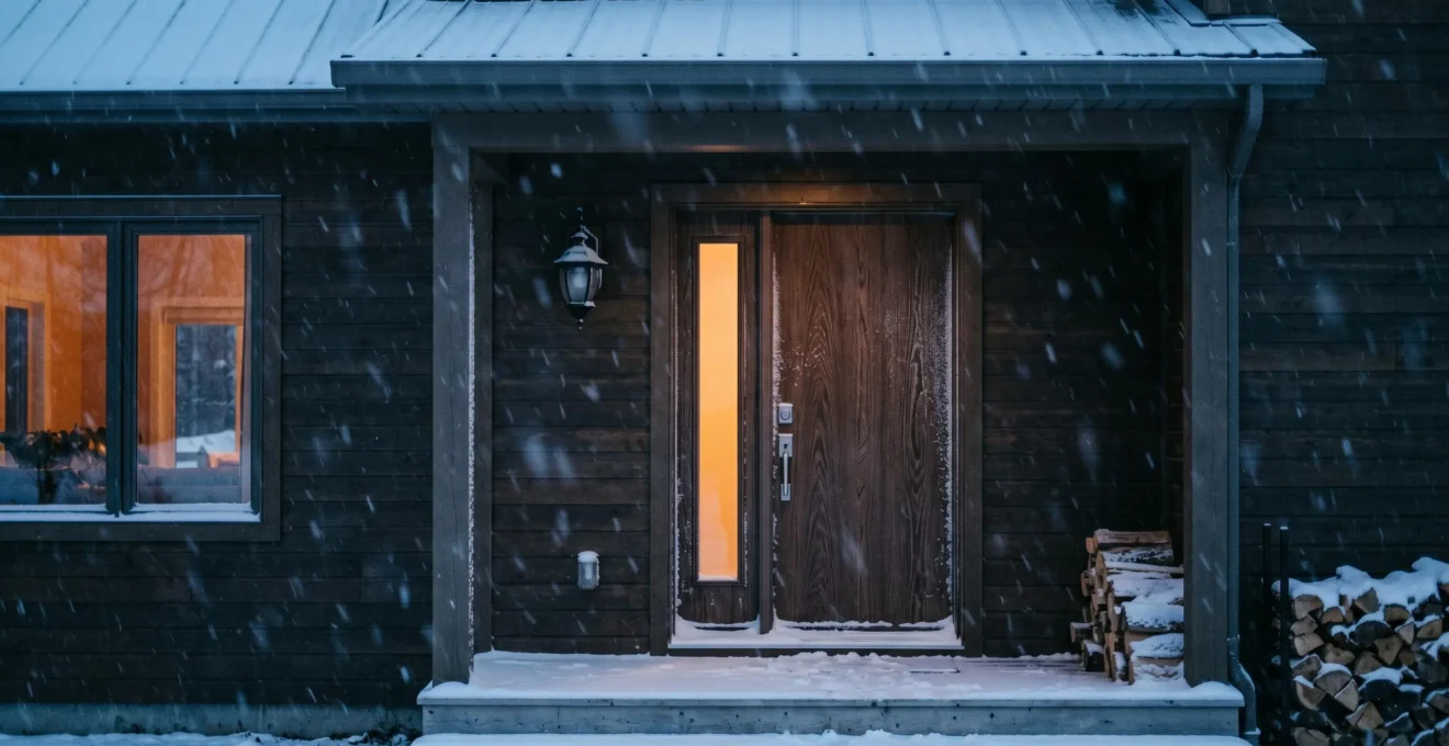 Porte d'entrée moderne en fibre de verre isolée dans paysage enneigé québécois au crépuscule, contraste entre froid extérieur bleuté et chaleur intérieure orangée visible à travers vitre