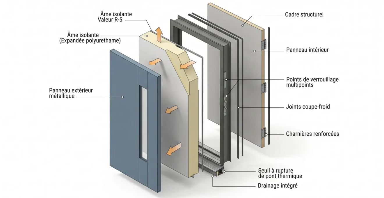 Schéma 3D en coupe transversale d'une porte d'entrée montrant couches isolation : panneau extérieur acier, âme polyuréthane, cadre et joints coupe-froid avec annotations valeur R en français