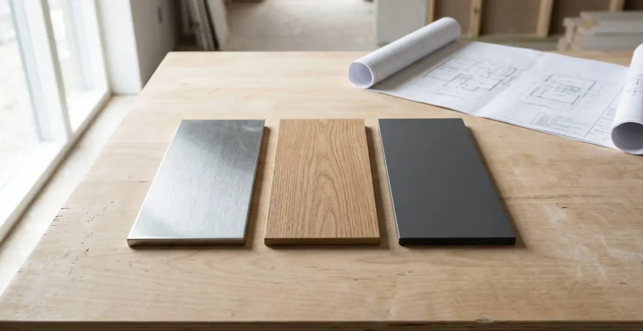 Trois échantillons de matériaux pour portes d'entrée (acier, fibre de verre, composite) alignés sur table bois clair avec pastilles certification Energy Star, éclairage naturel scandinave
