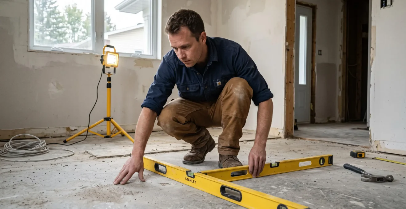 Expert en plancher inspectant la planéité du sous-plancher avec un niveau avant l'installation