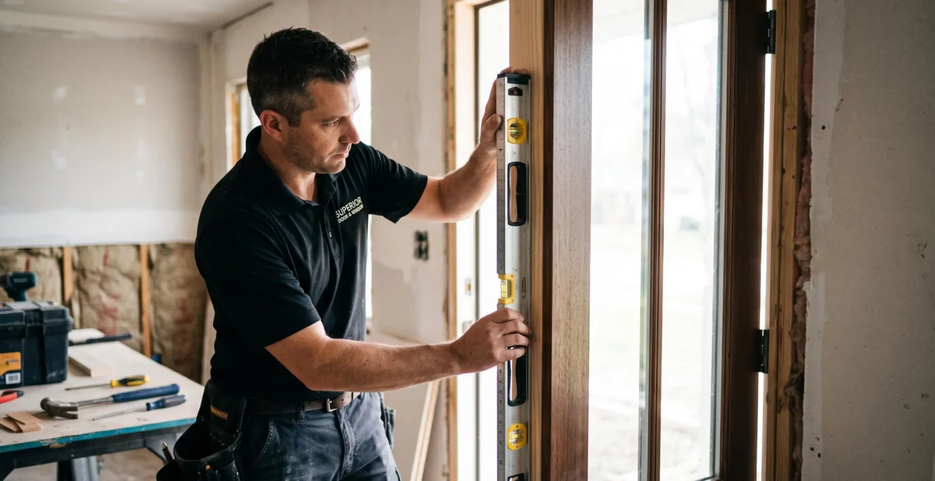 Technicien installant une fenêtre depuis l'extérieur d'une maison résidentielle québécoise, travaillant sur une échelle par temps automnal