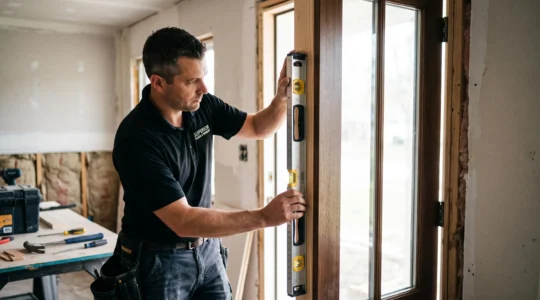 Technicien installant une fenêtre depuis l'extérieur d'une maison résidentielle québécoise, travaillant sur une échelle par temps automnal