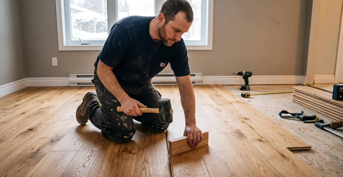 Artisan professionnel installant des planches de bois franc dans une résidence de la Rive-Nord