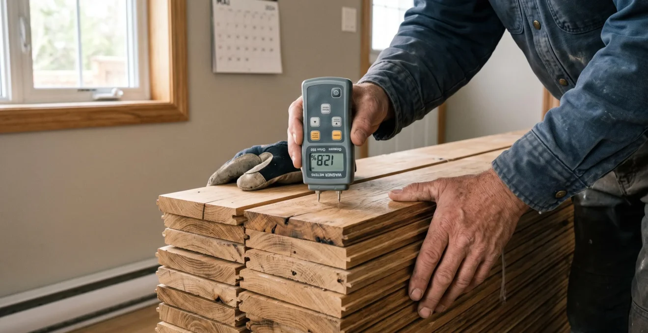 Professionnel mesurant le taux d'humidité de planches de bois franc en période d'acclimatation