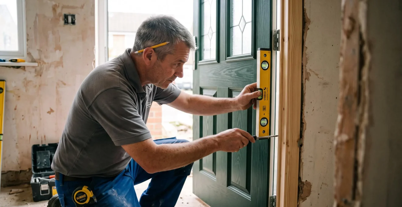 Installateur utilisant un niveau de précision pour vérifier l'alignement exact d'une porte d'entrée en cours d'installation
