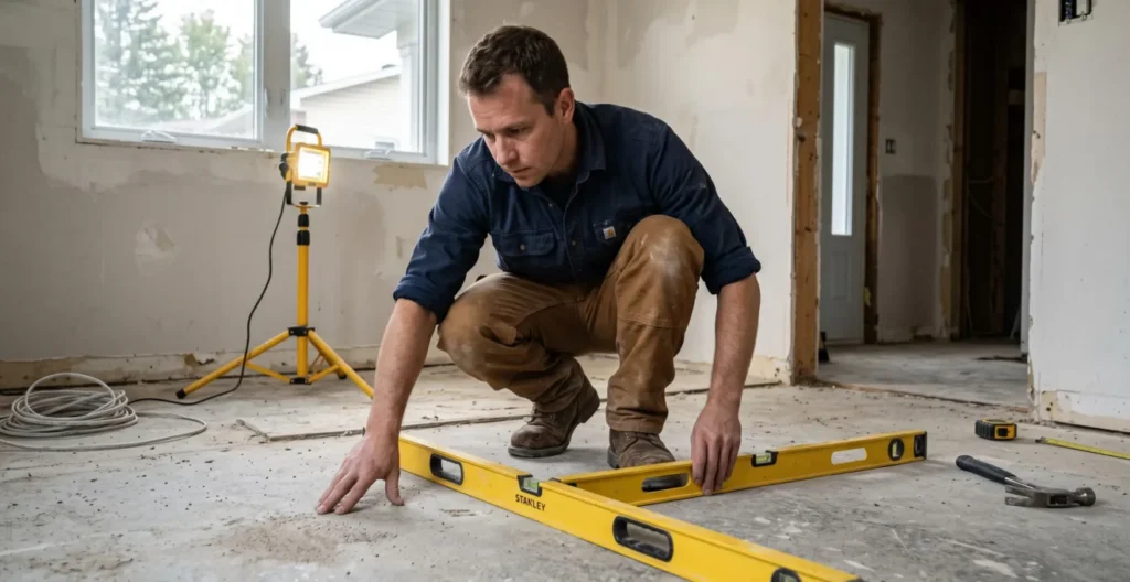 Expert en plancher inspectant la planéité du sous-plancher avec un niveau avant l'installation