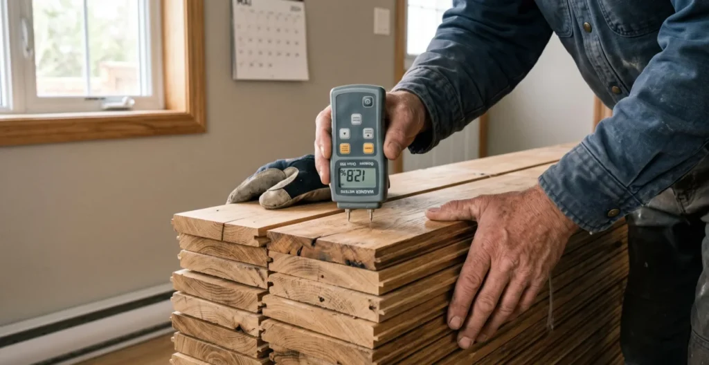 Professionnel mesurant le taux d'humidité de planches de bois franc en période d'acclimatation